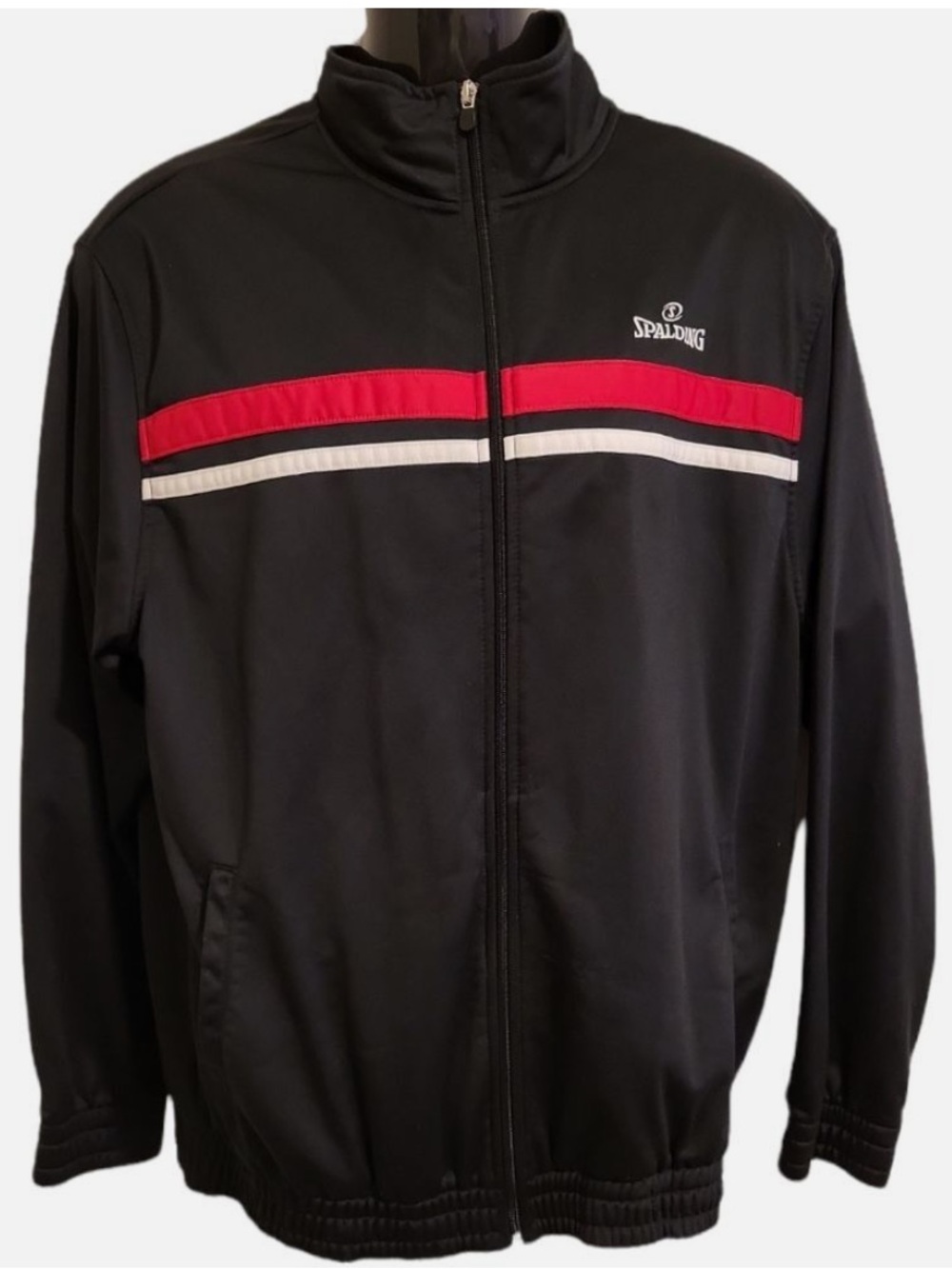 Spalding Men's Black Zip-Up Track Jacket with Red & White Stripes
